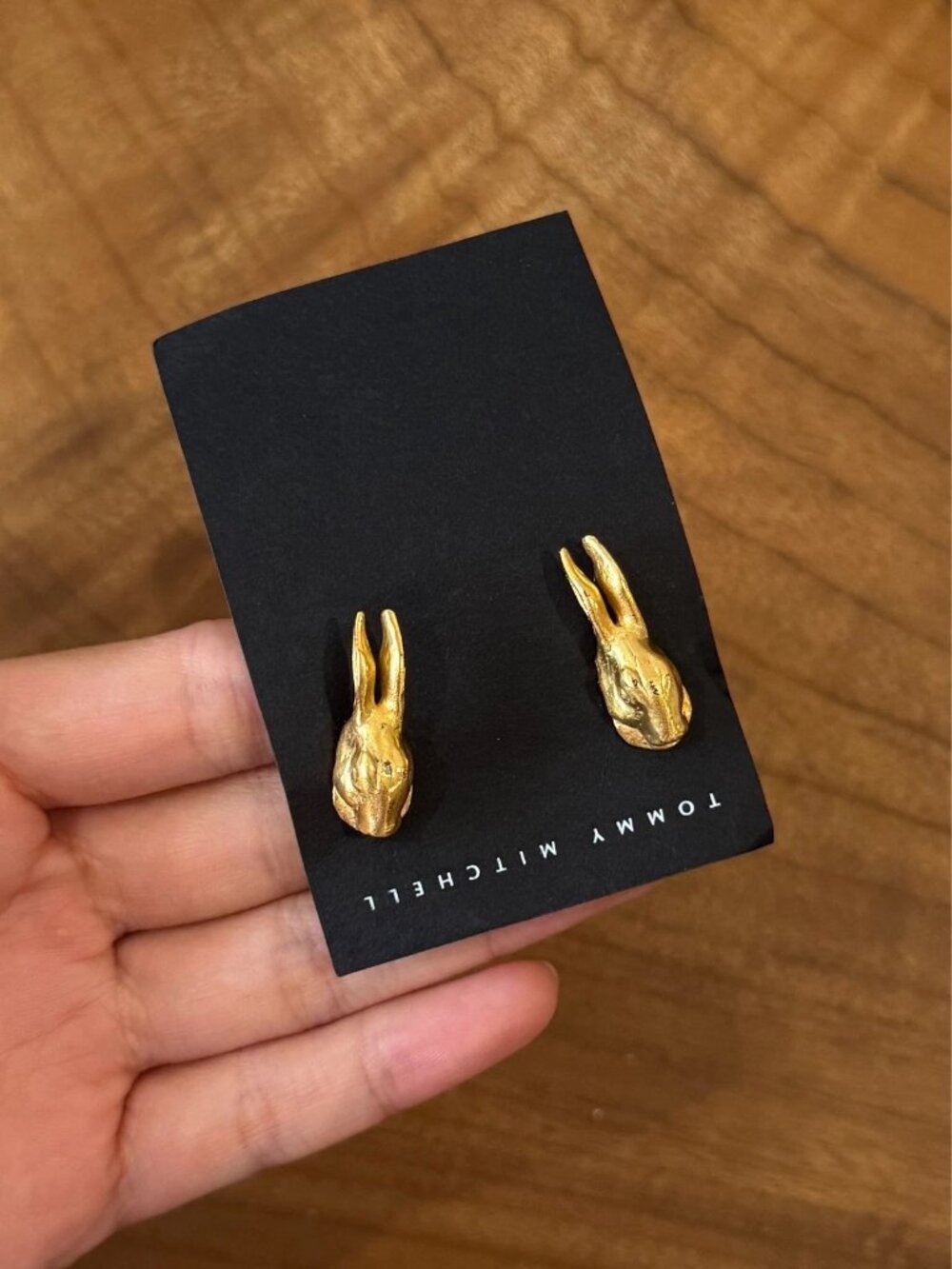 Tommy Mitchell Sculptural Brass Rabbit Head Stud Earrings Gold Tone